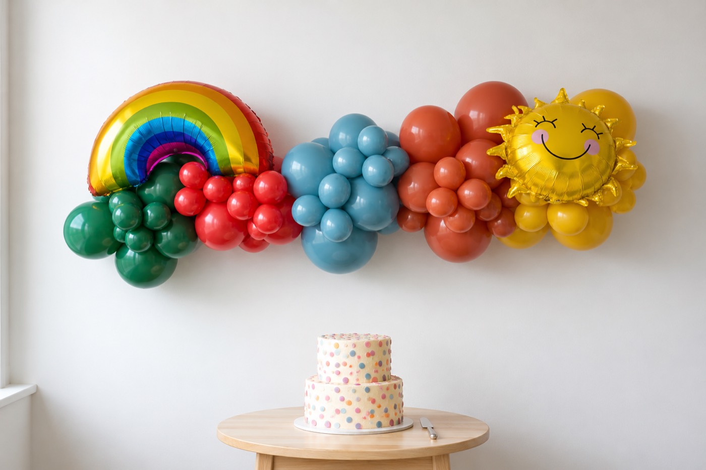 Colourful rainbow balloon garland above a birthday cake