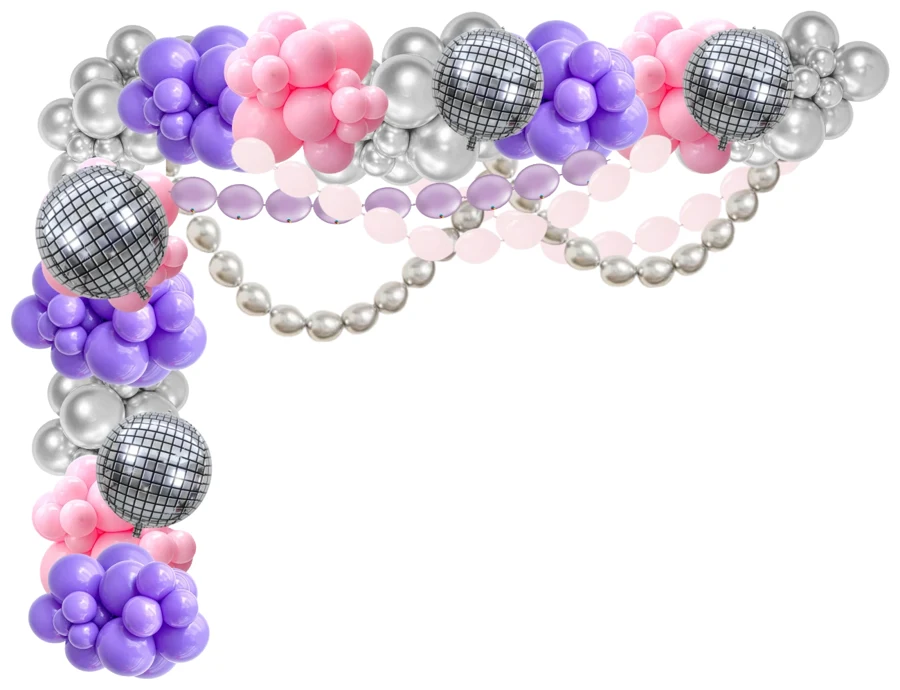Organic balloon garland in pink, purple and silver with linking balloons and foil disco balls
