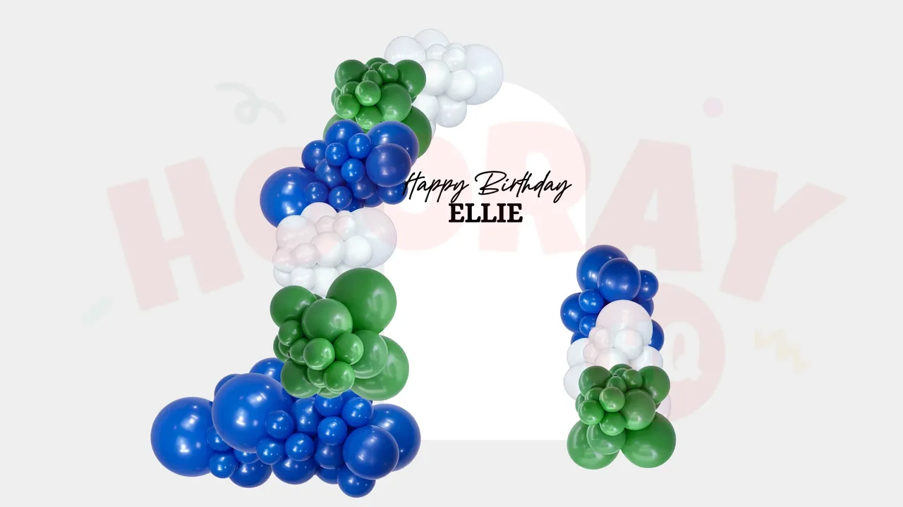 Package One arch in blue, green and white with a Happy Birthday decal