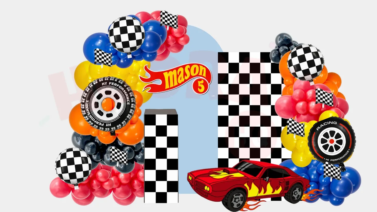Package Two in a racing theme with add-ons: foil balloons and cutouts