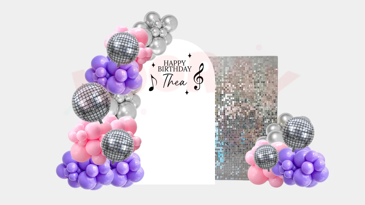 Package Two in pink, purple and silver with add-ons: foil disco balls