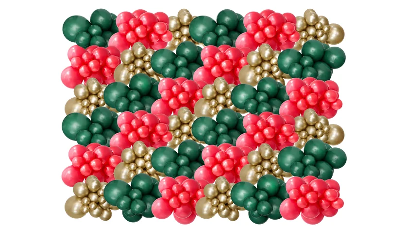 Large balloon wall in green, red and gold